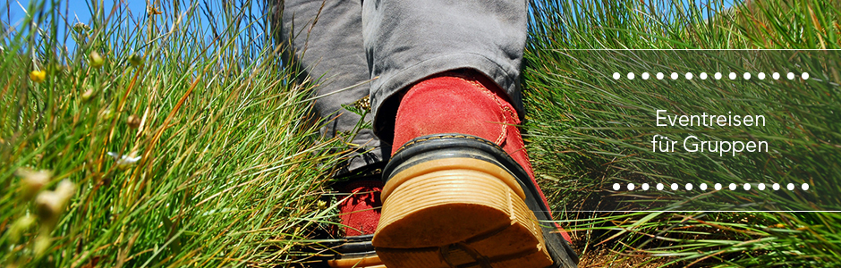 Wanderer unterwegs durch saftig grünes Gras, der Fokus liegt auf dem Schuhwerk